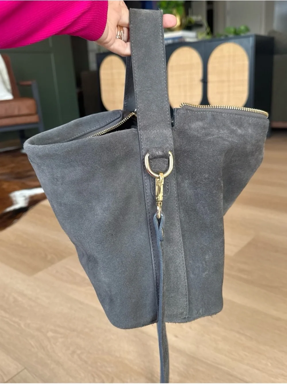 Claudia Firenze Italian Leather- Made in Italy, Gray Suede Crossbody Bucket Bag